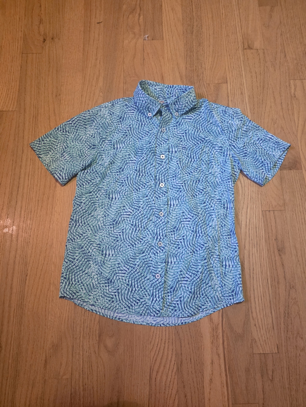 Southern Tide Boy's Short-Sleeve Button-Up Shirt in Aqua Leaf Print